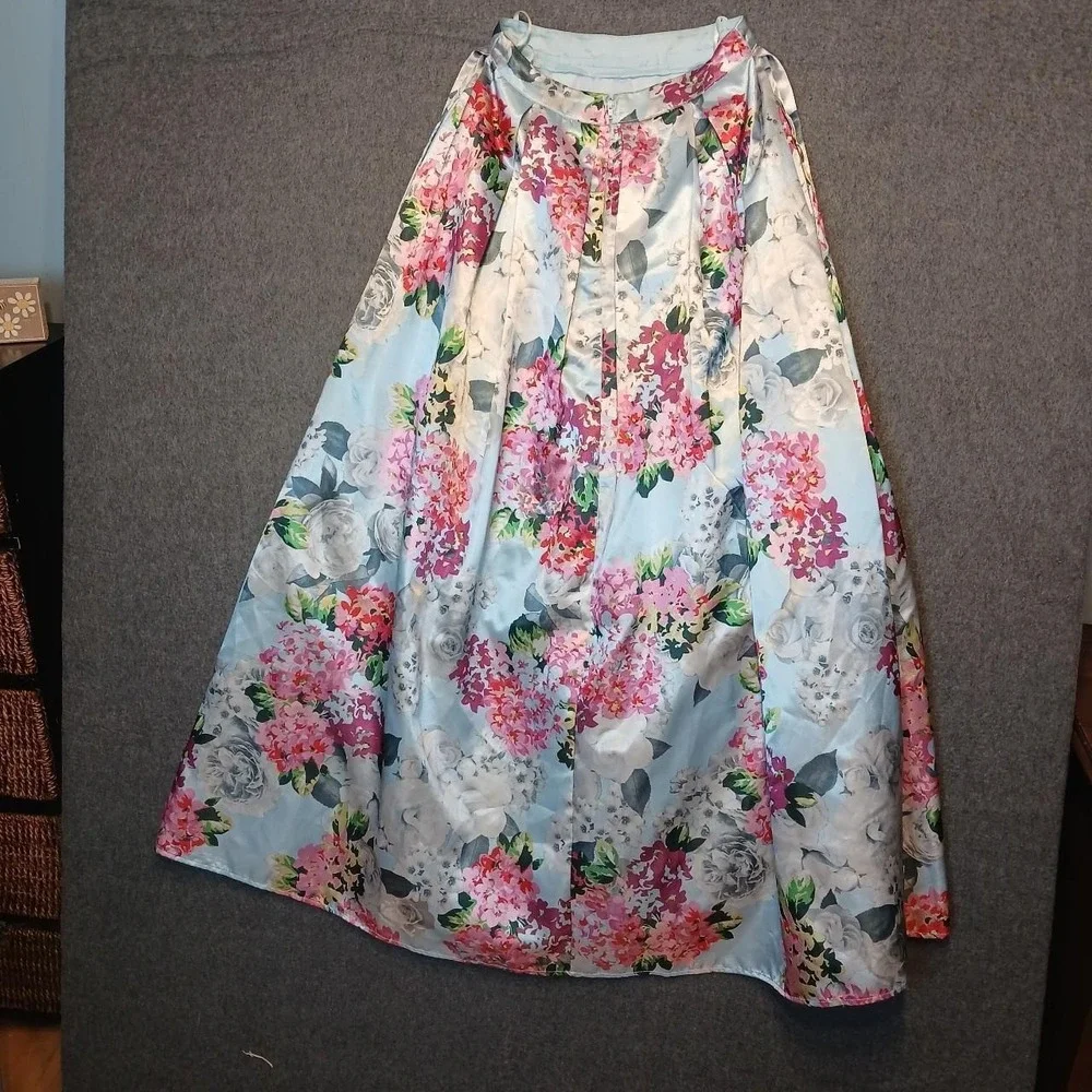 Nights by Teeze Me sz 1 formal maxi skirt satin POCKETS chic floral prom glam